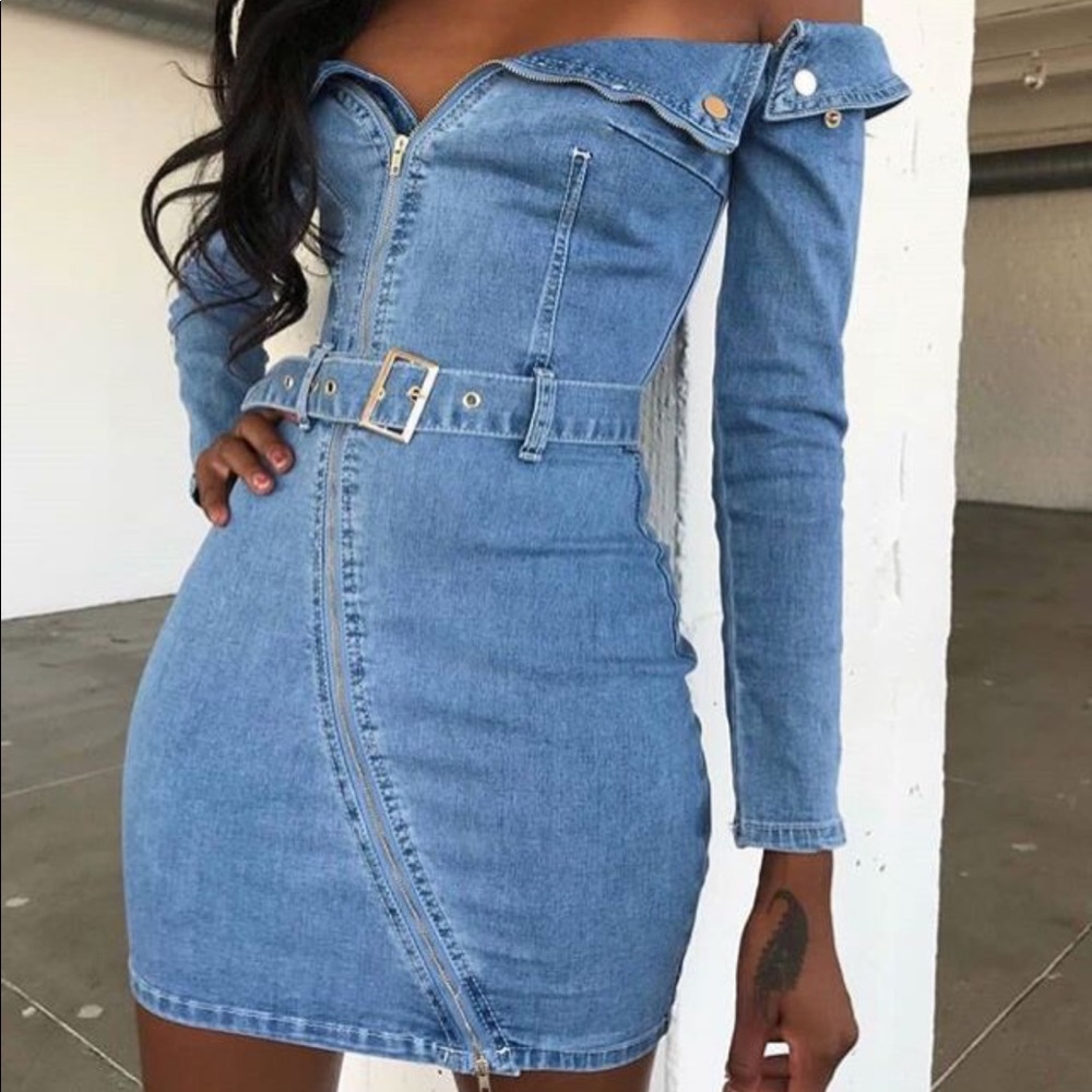 Oh Polly tight off the shoulder jean dress.